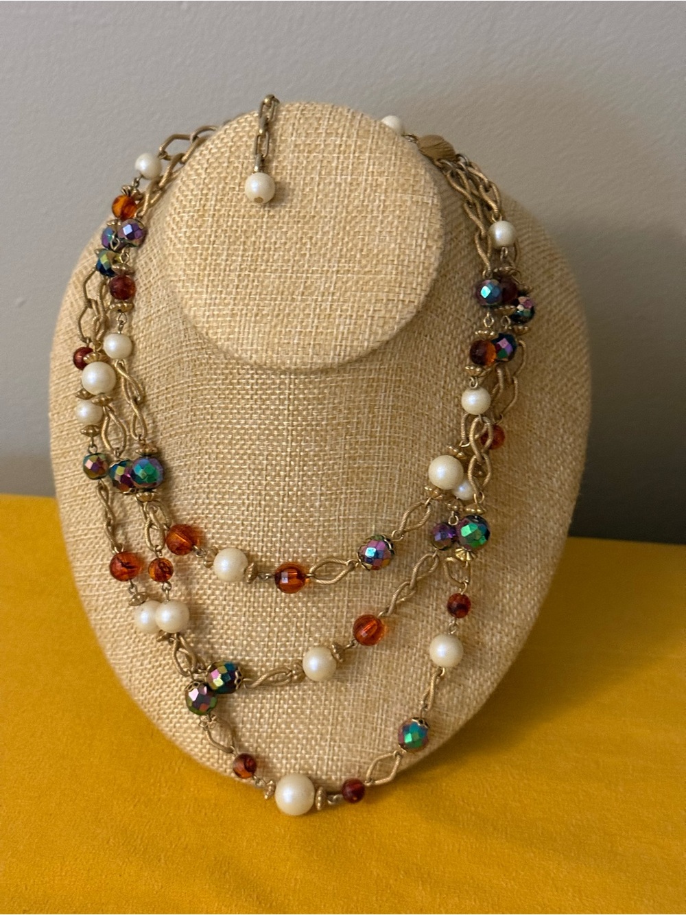 Gold Multi-Strand Beaded Necklace with White Pearls and Aurora Borealis Beads